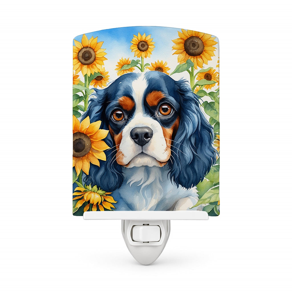 Cavalier Spaniel in Sunflowers Ceramic Night Light Compact, UL-Certified, Ideal for Bedroom, Bathroom, Nursery, Hallway, Kitchen, 6x4x3, Multicolor