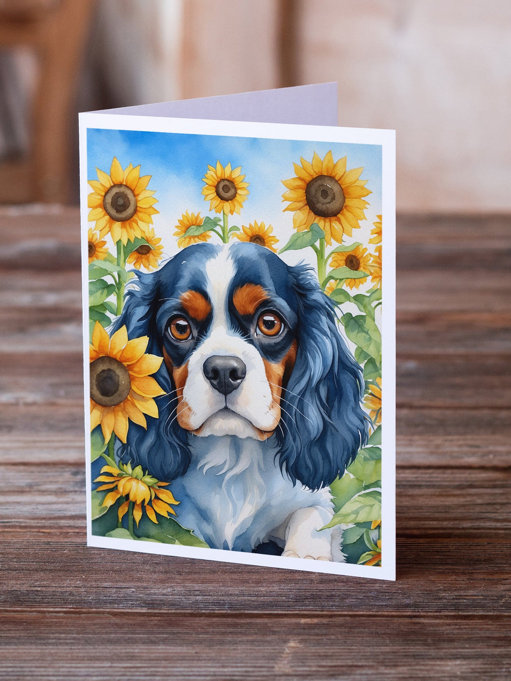 Cavalier Spaniel in Sunflowers Greeting Cards Pack of 8 Blank Cards with Envelopes Whimsical A7 Size 5x7