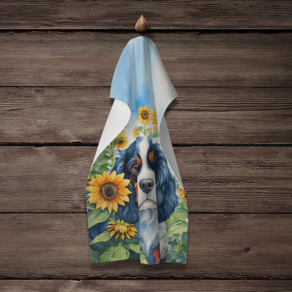 Cavalier Spaniel in Sunflowers Kitchen Towel Velour Plush Front and Cotton Loop Back Machine Washable
