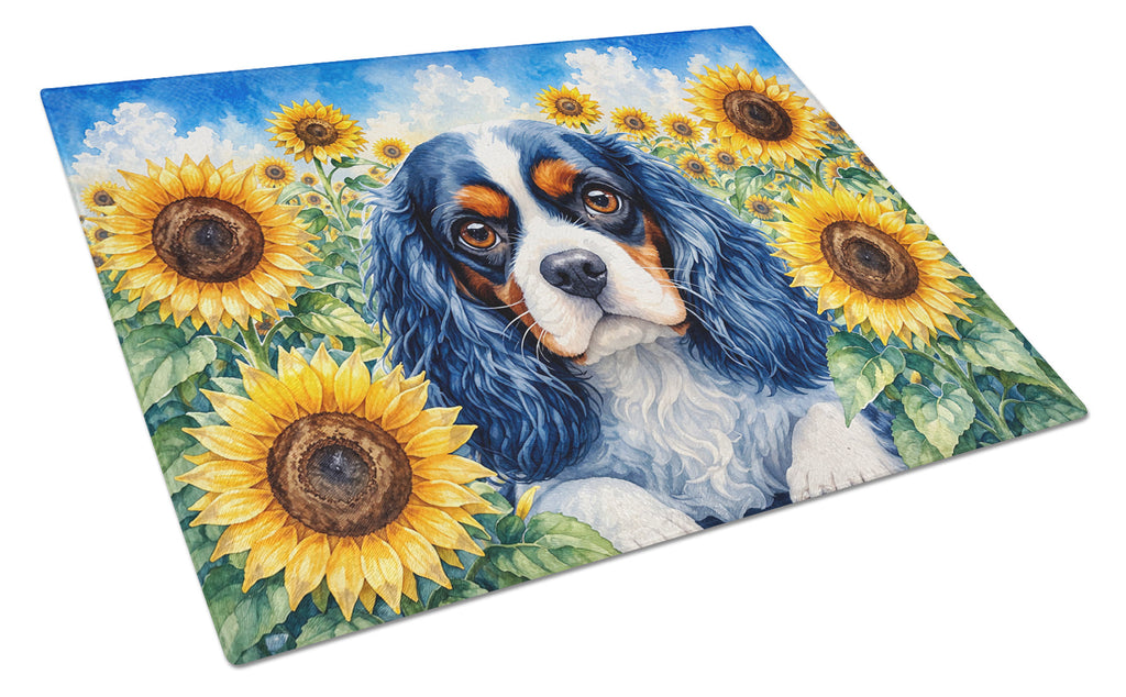 Cavalier Spaniel in Sunflowers Cutting Board Tempered Glass Kitchen Cutting Surface, Heat Resistant Chopping Board with Non-Slip Feet, Decorative Food Prep & Serving