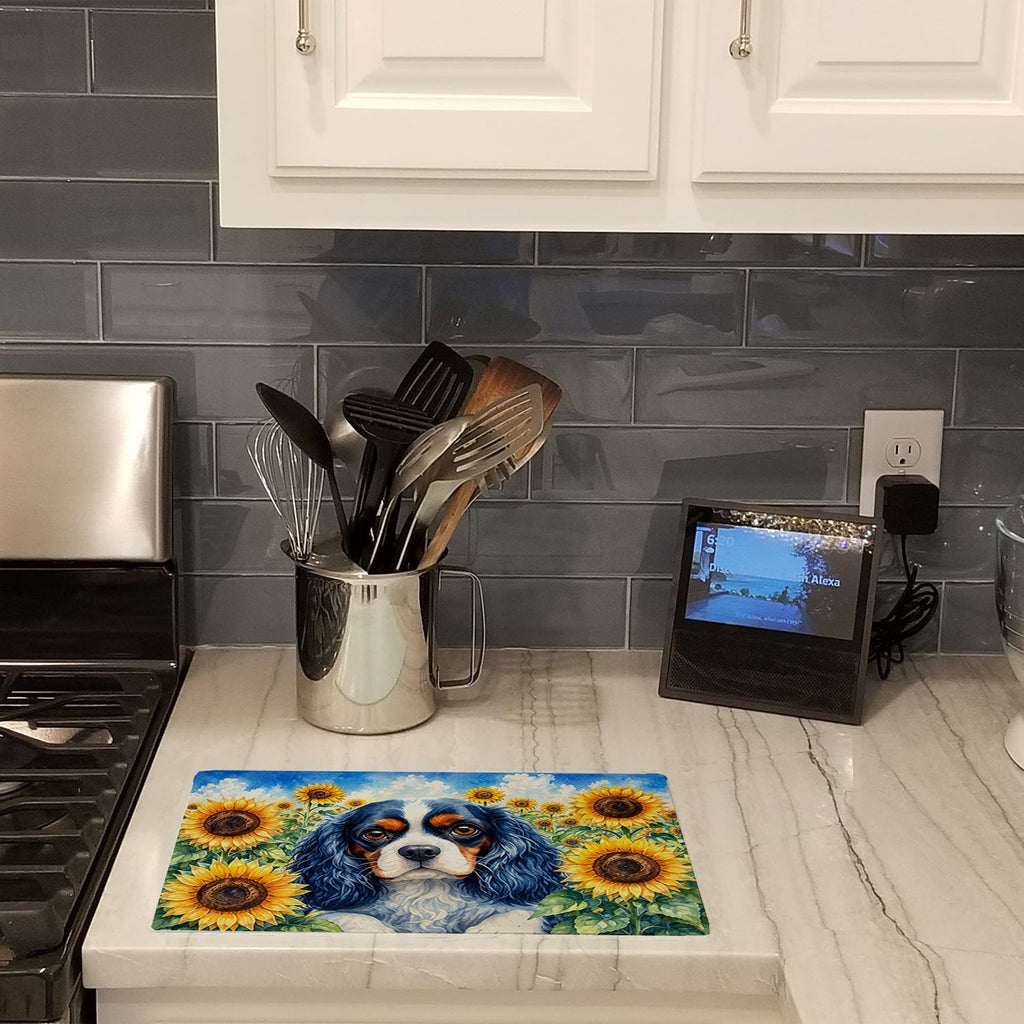 Cavalier Spaniel in Sunflowers Cutting Board Tempered Glass Kitchen Cutting Surface, Heat Resistant Chopping Board with Non-Slip Feet, Decorative Food Prep & Serving
