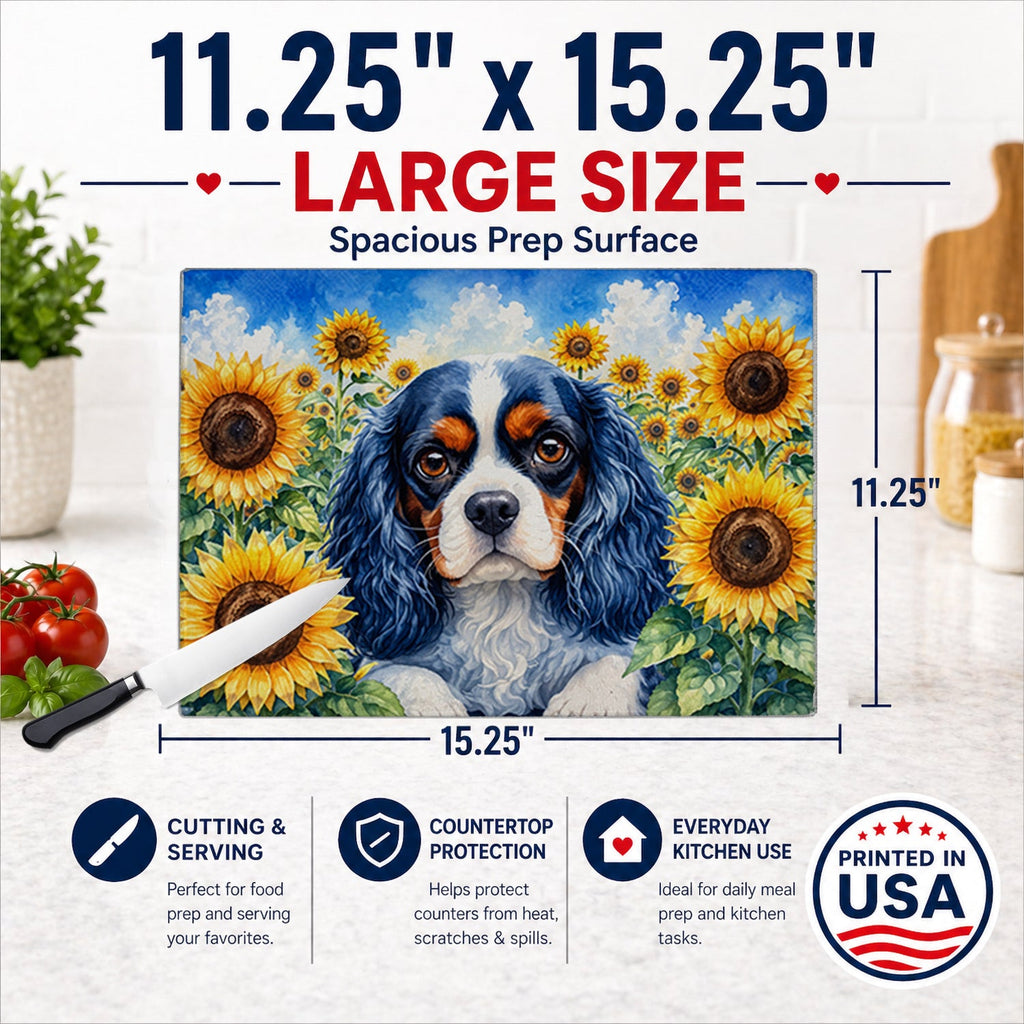 Cavalier Spaniel in Sunflowers Cutting Board Tempered Glass Kitchen Cutting Surface, Heat Resistant Chopping Board with Non-Slip Feet, Decorative Food Prep & Serving