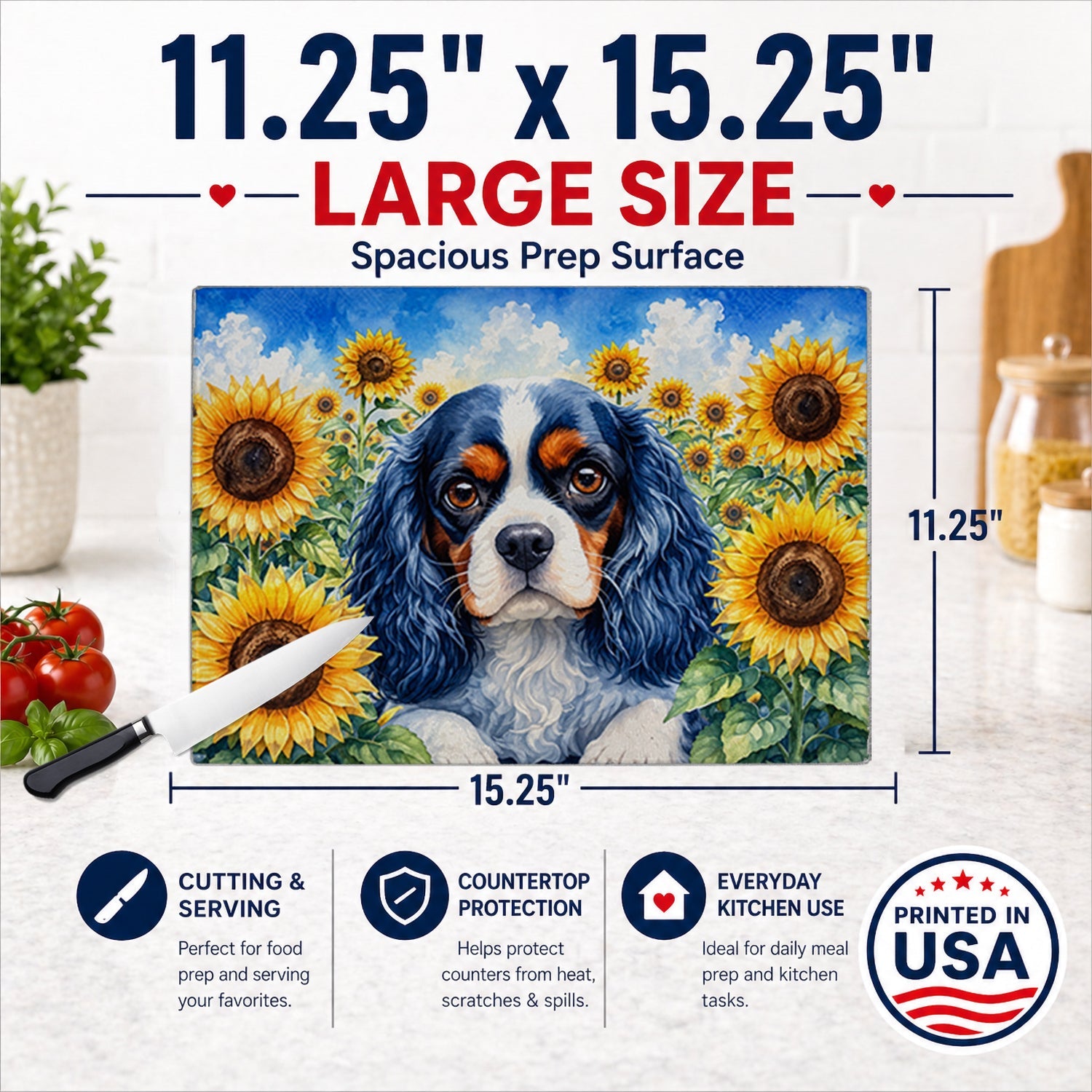 Cavalier Spaniel in Sunflowers Cutting Board Tempered Glass Kitchen Cutting Surface, Heat Resistant Chopping Board with Non-Slip Feet, Decorative Food Prep & Serving
