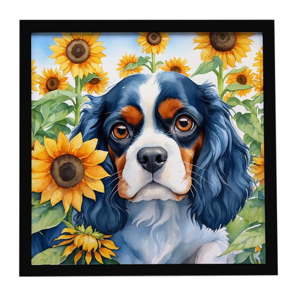 Cavalier Spaniel in Sunflowers Framed Metal Print Bathroom, Kitchen, Office, Home Decor Wall Art Ready to Hang, Square, 8X8