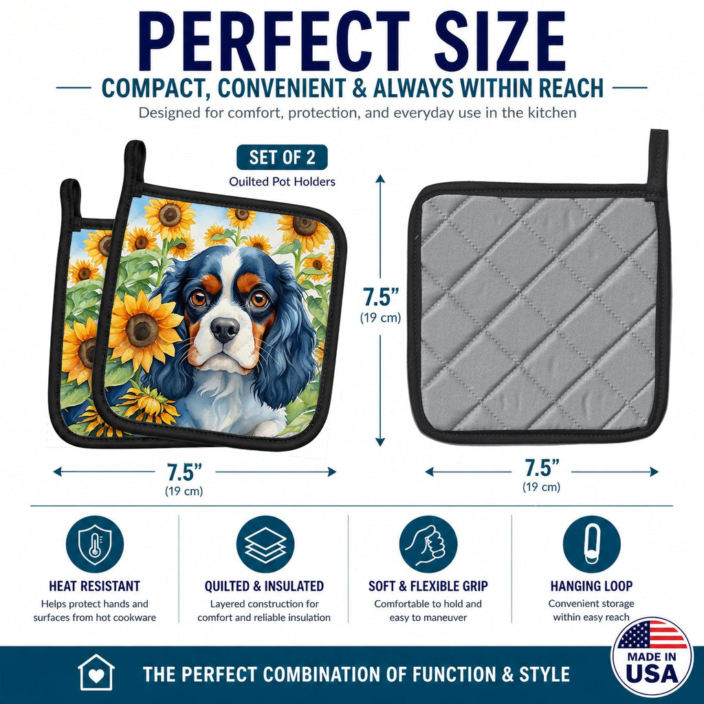 Cavalier Spaniel in Sunflowers Pot Holder Set of 2 Heat Resistant Quilted Hot Pads 7.5 x 7.5 Inch, Insulated Kitchen Trivets for Cooking & Baking