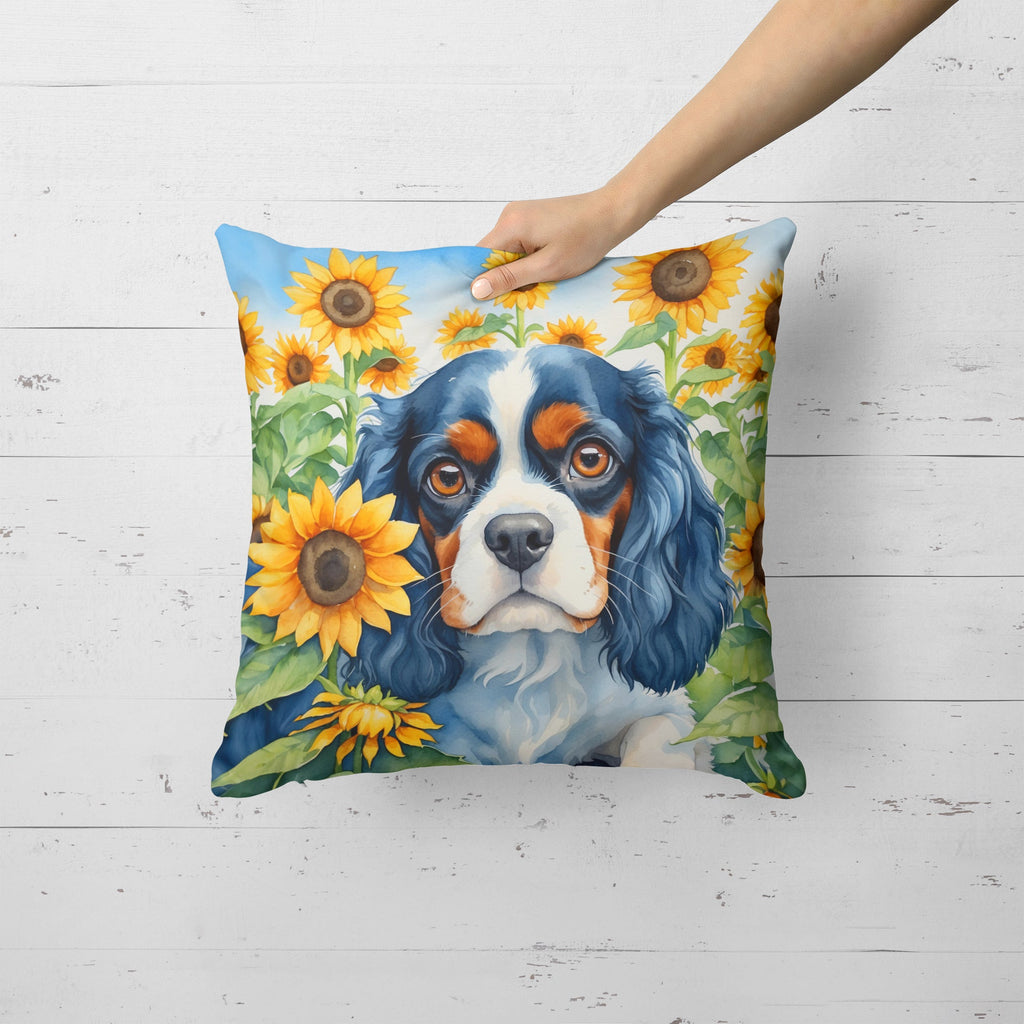 Cavalier Spaniel in Sunflowers Decorative Throw Pillow 18x18 Indoor Outdoor Accent Cushion, Fabric Cover with Insert for Sofa, Bed, Porch & Living Room
