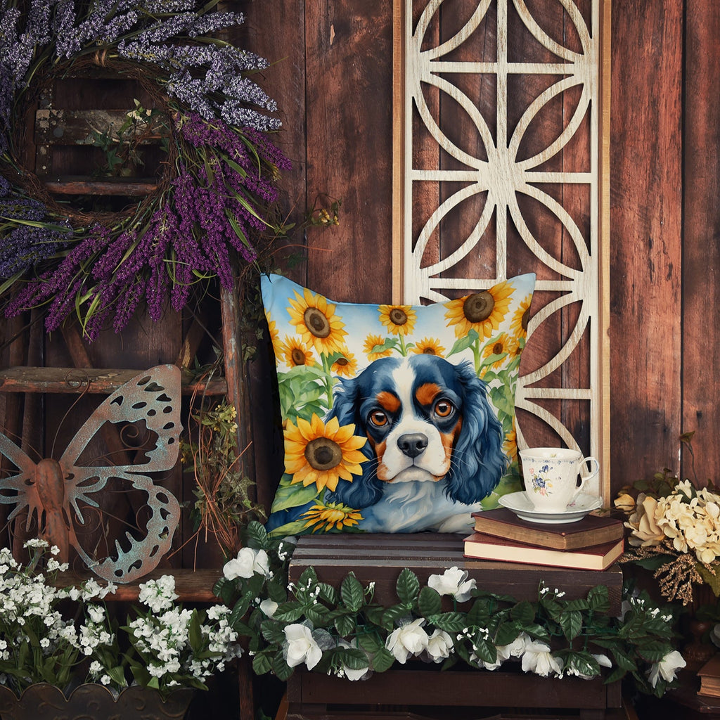 Cavalier Spaniel in Sunflowers Decorative Throw Pillow 18x18 Indoor Outdoor Accent Cushion, Fabric Cover with Insert for Sofa, Bed, Porch & Living Room