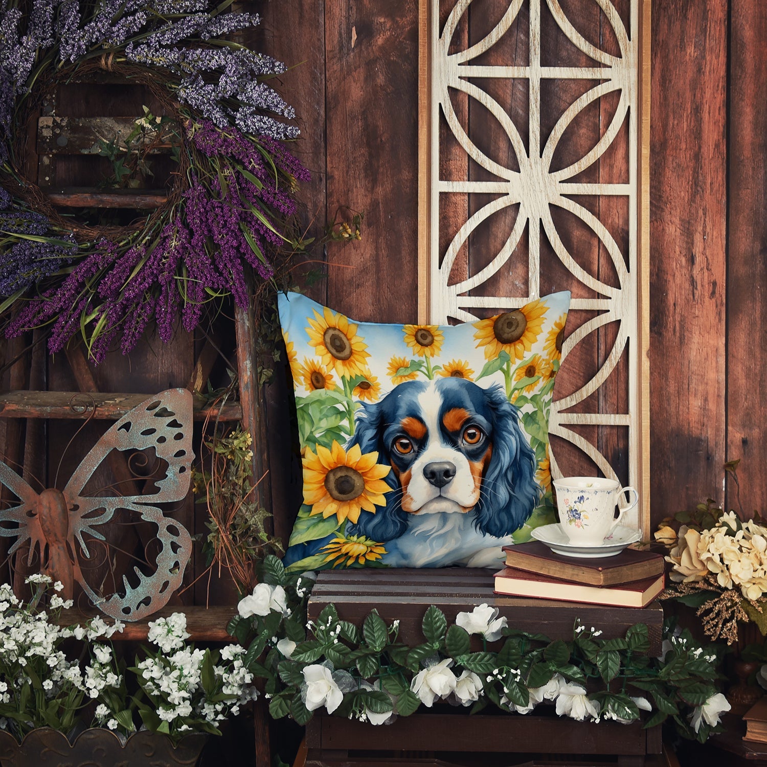 Cavalier Spaniel in Sunflowers Decorative Throw Pillow 18x18 Indoor Outdoor Accent Cushion, Fabric Cover with Insert for Sofa, Bed, Porch & Living Room