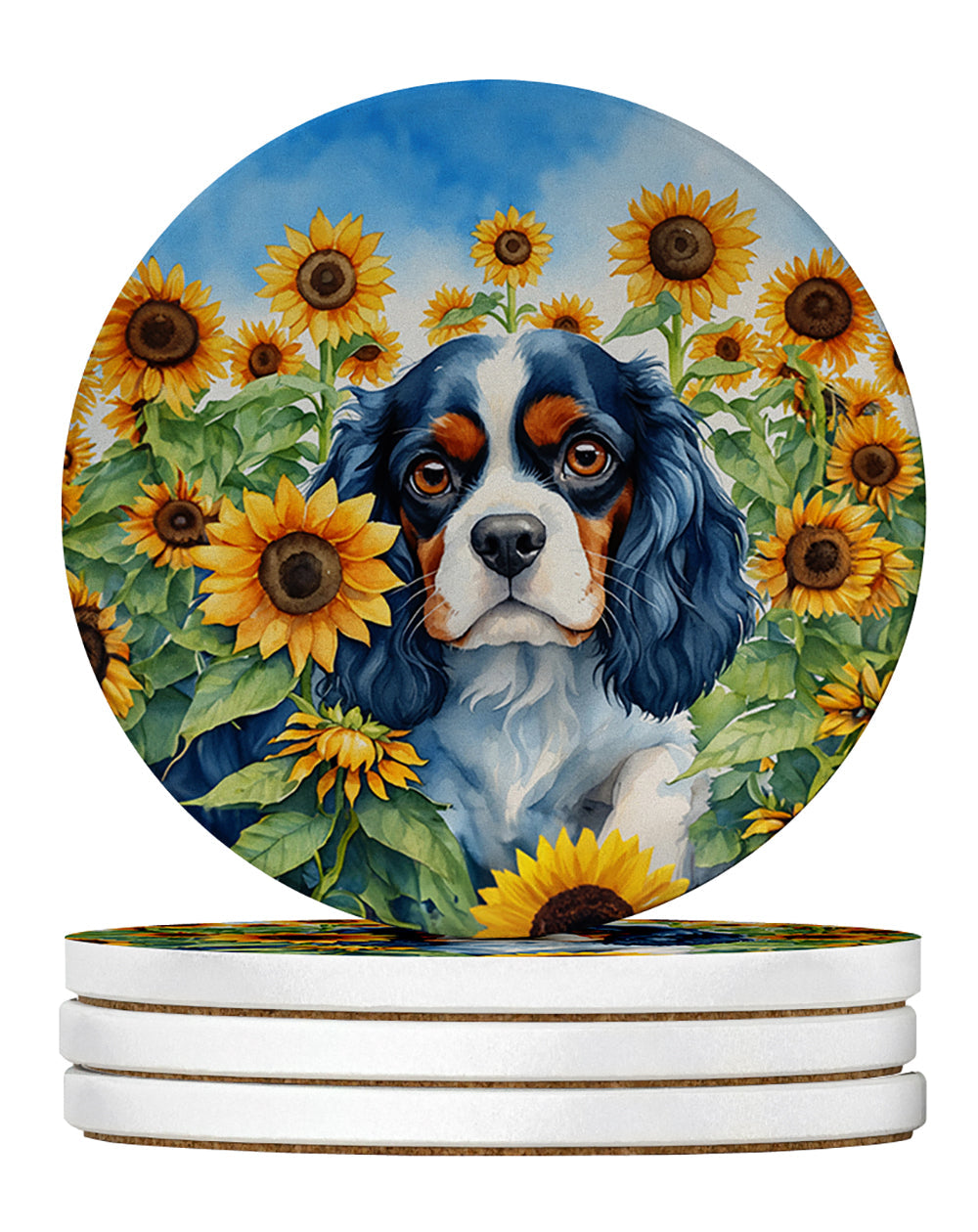 Cavalier Spaniel in Sunflowers Large Sandstone Coasters Pack of 4 Absorbent Round Coasters Decor Gifts for Men or Women, 4 in, Multicolor