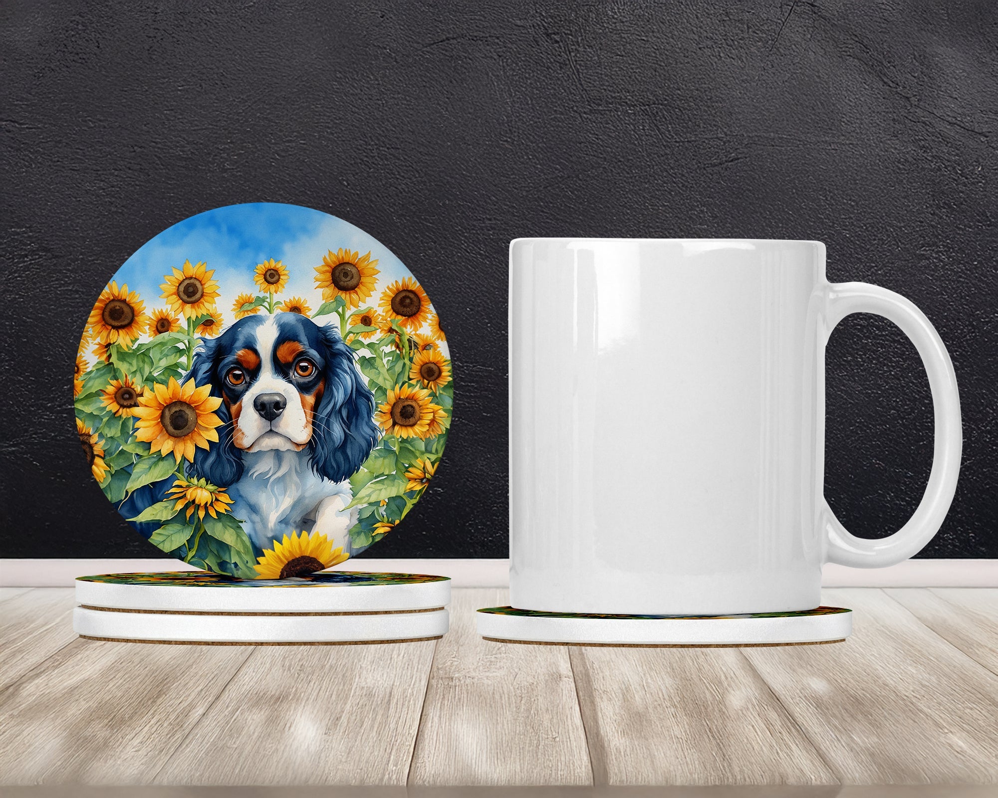 Cavalier Spaniel in Sunflowers Large Sandstone Coasters Pack of 4 Absorbent Round Coasters Decor Gifts for Men or Women, 4 in, Multicolor