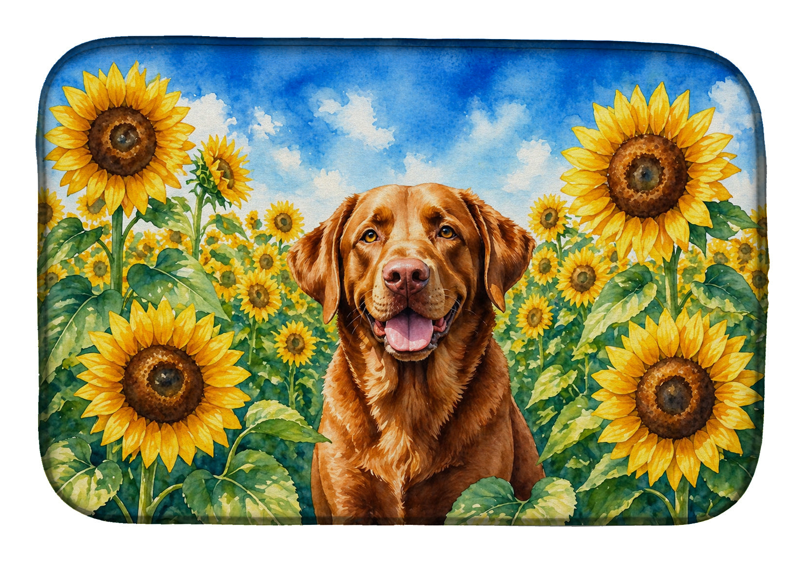 Chesapeake Bay Retriever in Sunflowers Dish Drying Mat Absorbent Dish Drying Mat Pad for Kitchen Counter Dish Drainer Mat for Countertop, 14 x 21", Multicolor