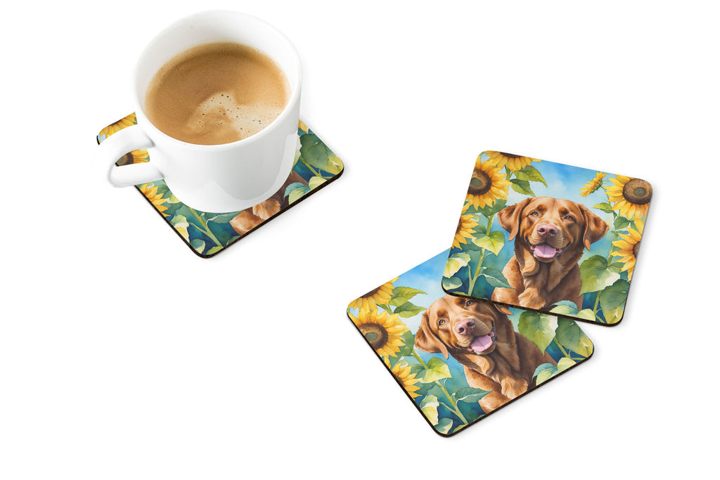 Chesapeake Bay Retriever in Sunflowers Foam Coasters Set of 4 Cup Coasters for Indoor Outdoor, Tabletop Protection, Anti Slip, Mouse pad Material