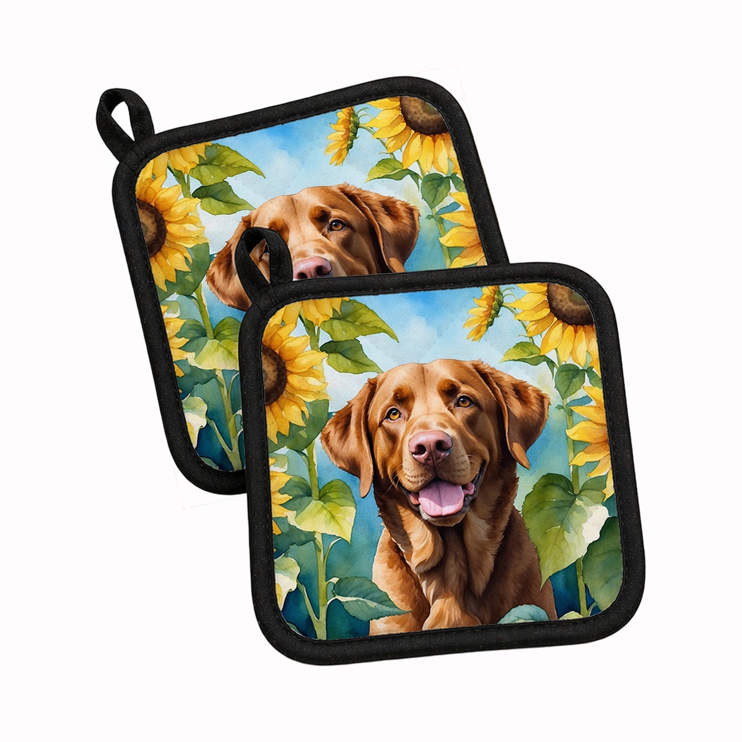 Chesapeake Bay Retriever in Sunflowers Pot Holder Set of 2 Heat Resistant Quilted Hot Pads 7.5 x 7.5 Inch, Insulated Kitchen Trivets for Cooking & Baking