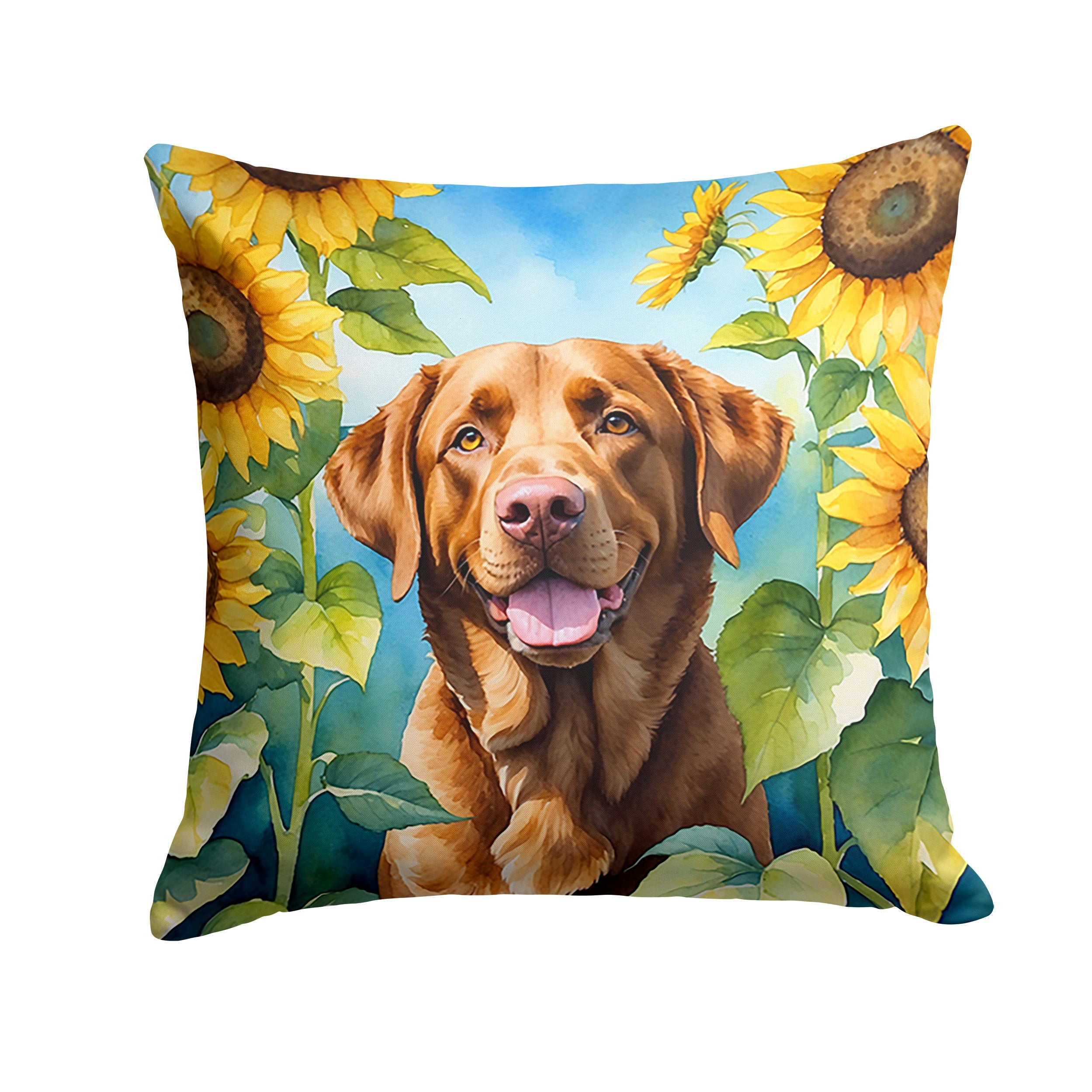 Chesapeake Bay Retriever in Sunflowers Decorative Throw Pillow 18x18 Indoor Outdoor Accent Cushion, Fabric Cover with Insert for Sofa, Bed, Porch & Living Room