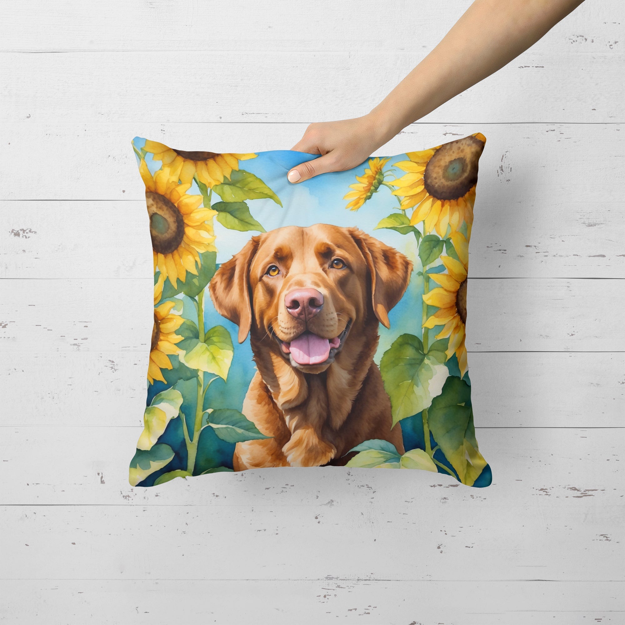 Chesapeake Bay Retriever in Sunflowers Decorative Throw Pillow 18x18 Indoor Outdoor Accent Cushion, Fabric Cover with Insert for Sofa, Bed, Porch & Living Room