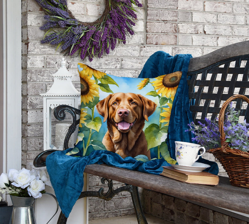 Chesapeake Bay Retriever in Sunflowers Decorative Throw Pillow 18x18 Indoor Outdoor Accent Cushion, Fabric Cover with Insert for Sofa, Bed, Porch & Living Room