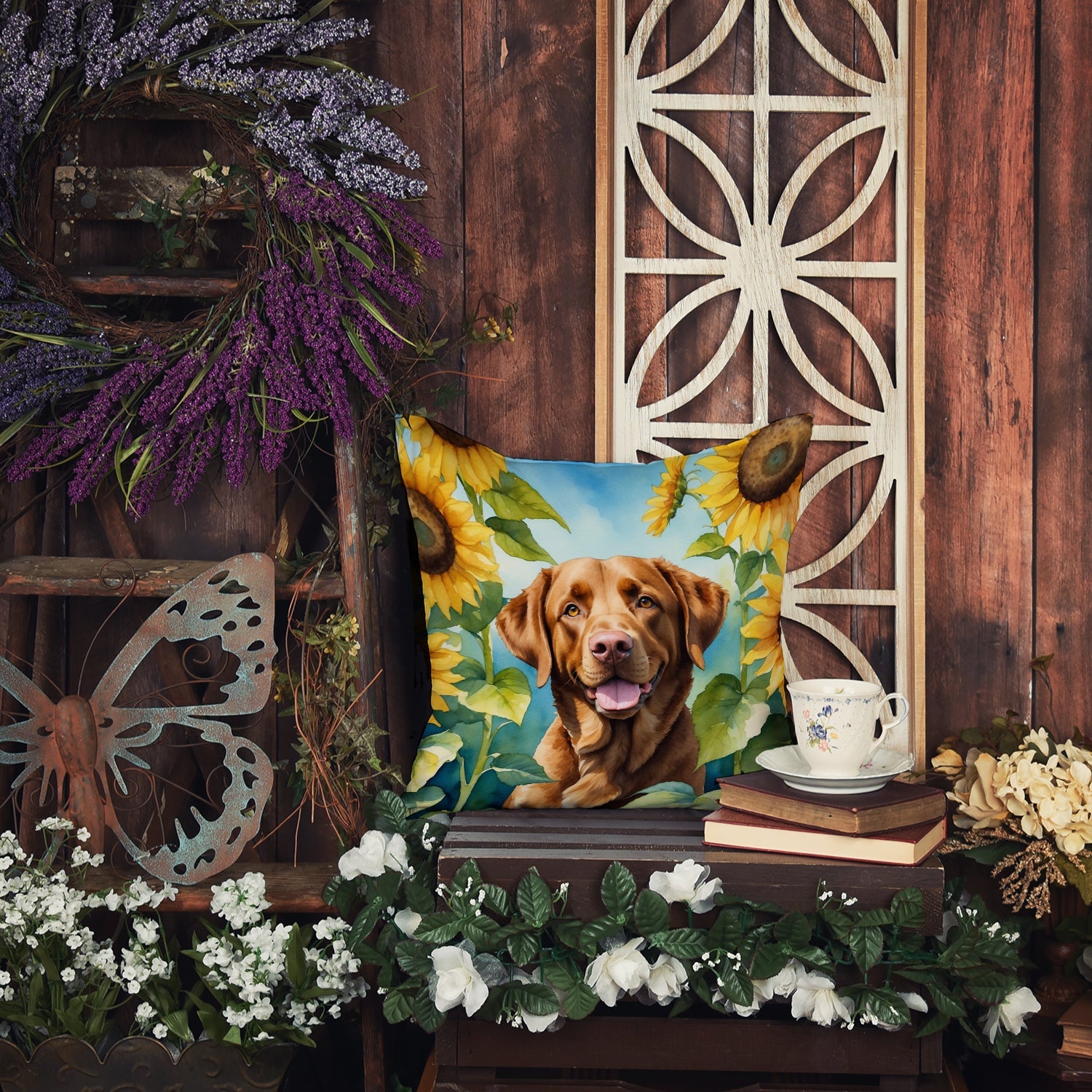 Chesapeake Bay Retriever in Sunflowers Decorative Throw Pillow 18x18 Indoor Outdoor Accent Cushion, Fabric Cover with Insert for Sofa, Bed, Porch & Living Room