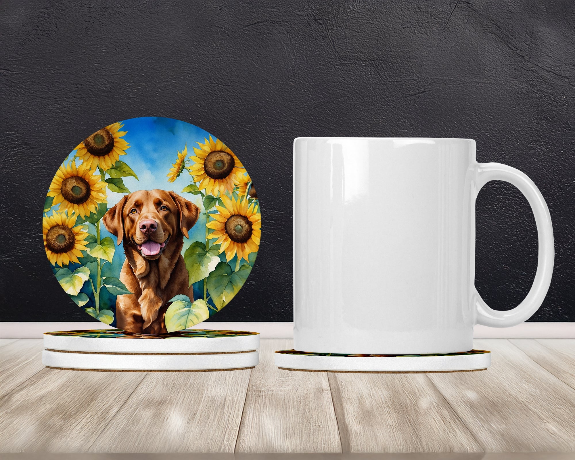 Chesapeake Bay Retriever in Sunflowers Large Sandstone Coasters Pack of 4 Absorbent Round Coasters Decor Gifts for Men or Women, 4 in, Multicolor