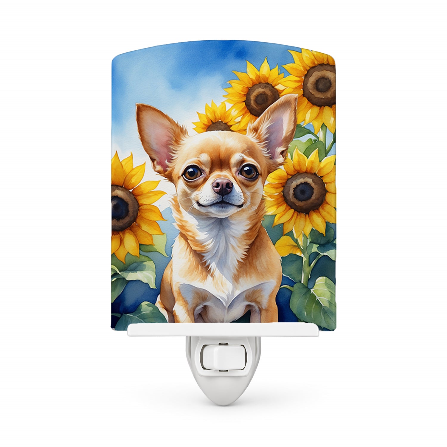 Chihuahua in Sunflowers Ceramic Night Light Compact, UL-Certified, Ideal for Bedroom, Bathroom, Nursery, Hallway, Kitchen, 6x4x3, Multicolor