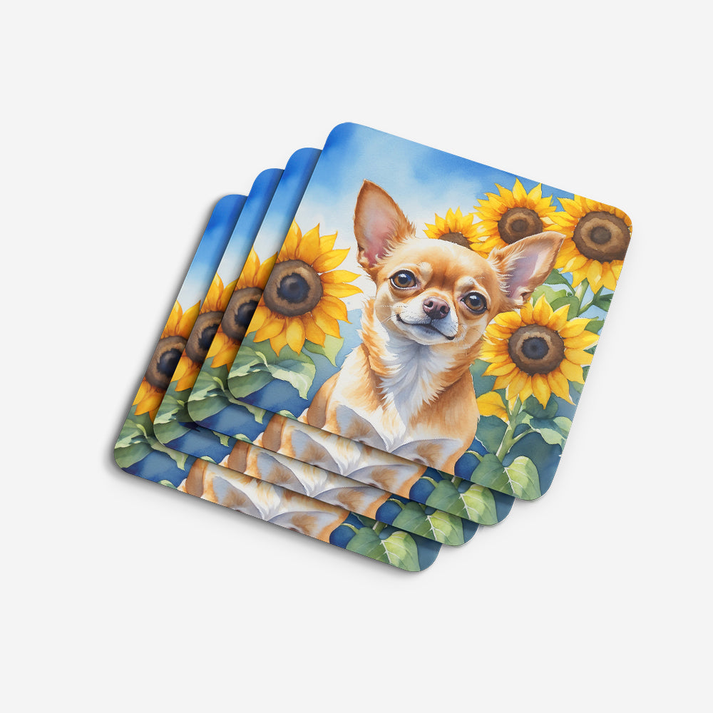 Chihuahua in Sunflowers Foam Coasters Set of 4 Cup Coasters for Indoor Outdoor, Tabletop Protection, Anti Slip, Mouse pad Material