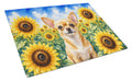 Chihuahua in Sunflowers Cutting Board Tempered Glass Kitchen Cutting Surface, Heat Resistant Chopping Board with Non-Slip Feet, Decorative Food Prep & Serving