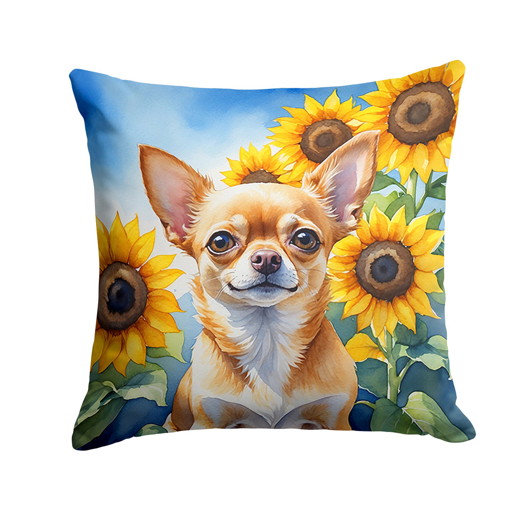 Chihuahua in Sunflowers Decorative Throw Pillow 14x14 Indoor Outdoor Accent Cushion, Fabric Cover with Insert for Sofa, Bed, Porch & Living Room