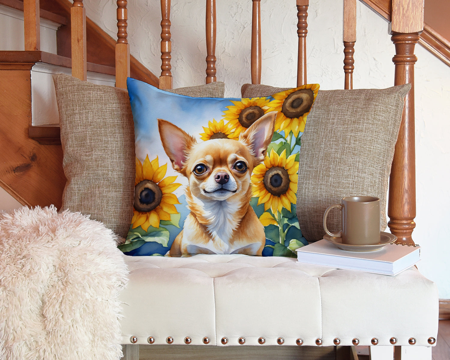 Chihuahua in Sunflowers Decorative Throw Pillow 14x14 Indoor Outdoor Accent Cushion, Fabric Cover with Insert for Sofa, Bed, Porch & Living Room
