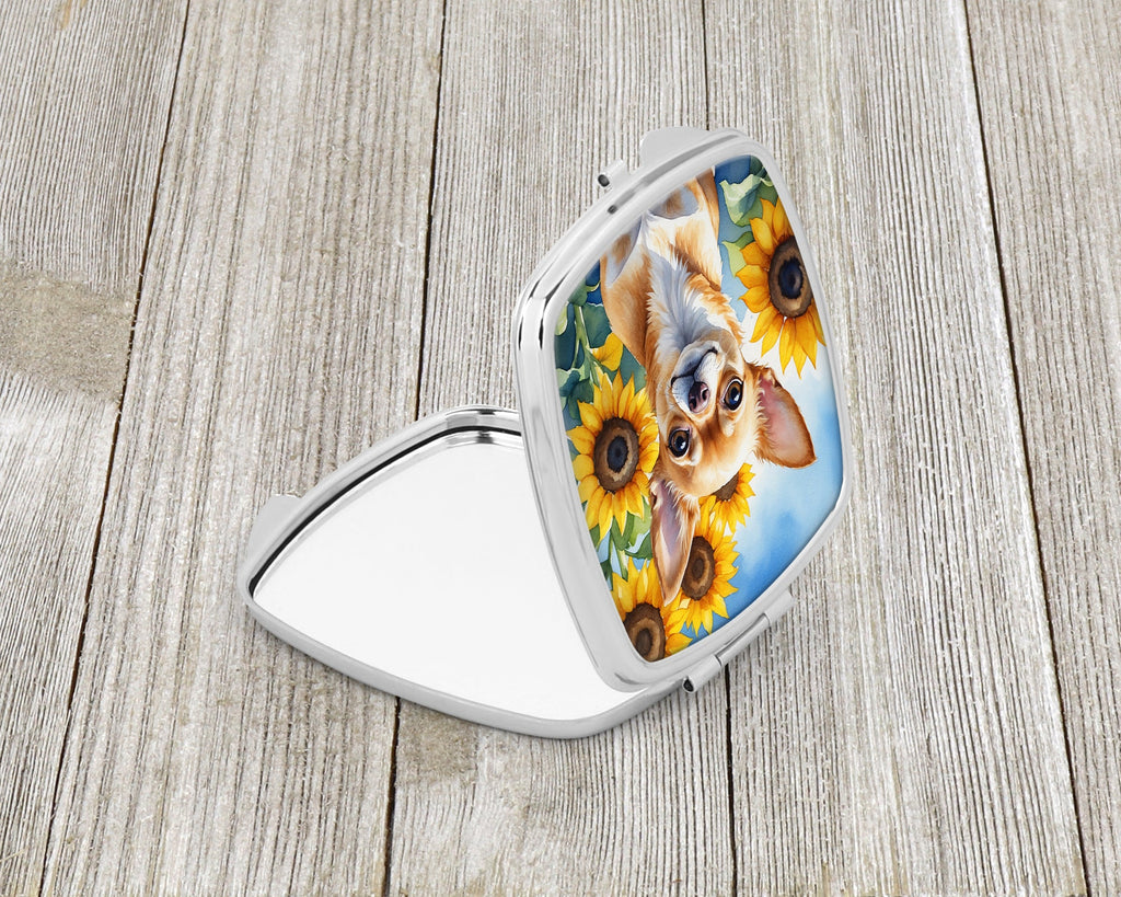 Chihuahua in Sunflowers Compact Mirror Decorative Travel Makeup Mirror for Women Girls Gifts Pocket Makeup Mirror Folding Handheld