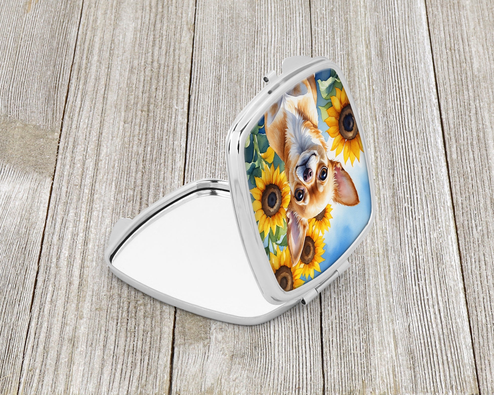 Chihuahua in Sunflowers Compact Mirror Decorative Travel Makeup Mirror for Women Girls Gifts Pocket Makeup Mirror Folding Handheld