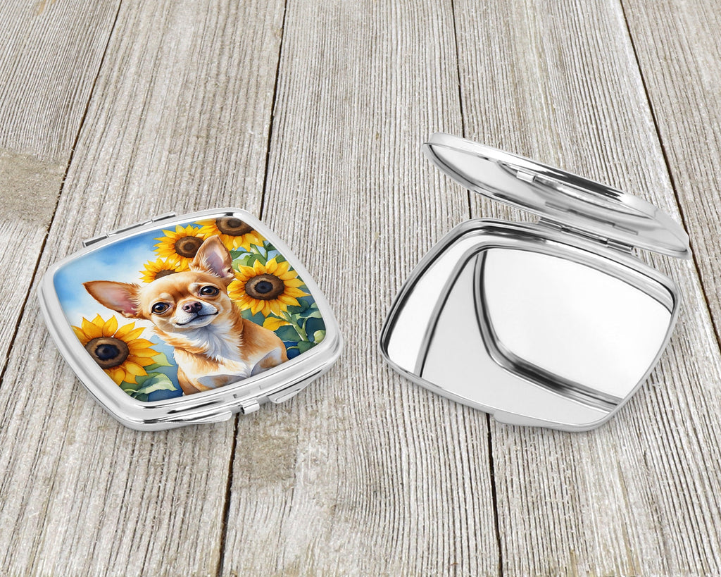 Chihuahua in Sunflowers Compact Mirror Decorative Travel Makeup Mirror for Women Girls Gifts Pocket Makeup Mirror Folding Handheld