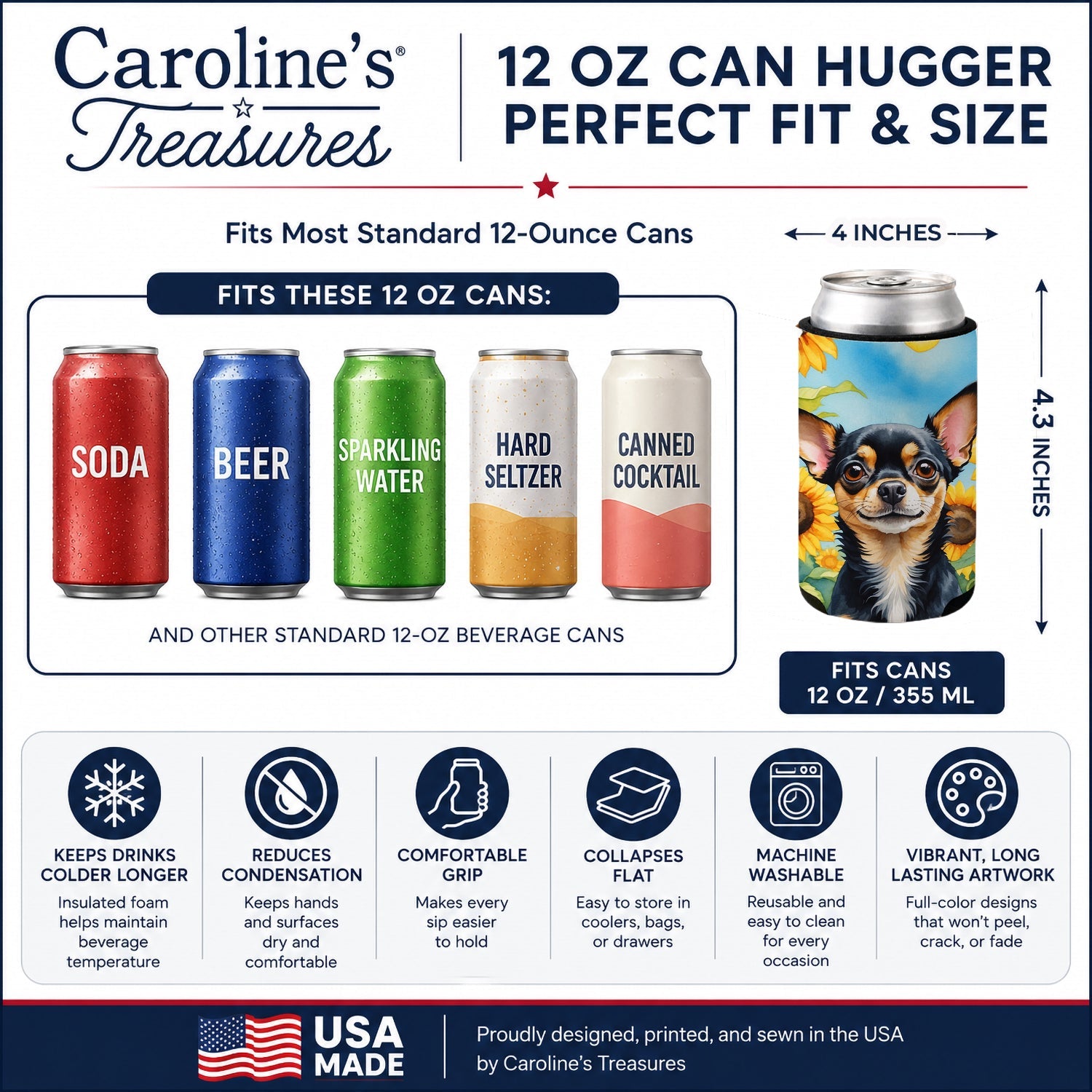 Chihuahua in Sunflowers Can or Bottle Hugger Cooler Sleeve for Standard 12 oz Cans, Insulated Foam Beer & Soda Can Hugger Reusable