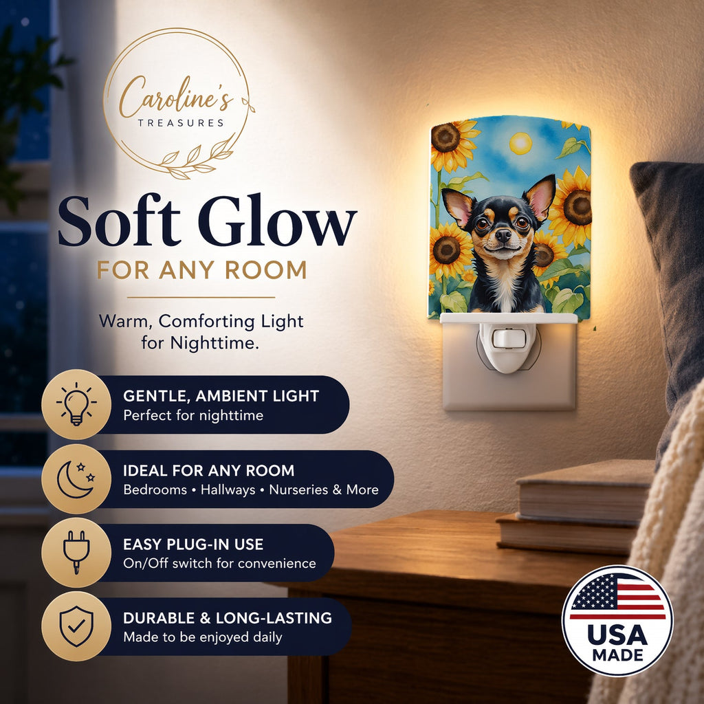 Chihuahua in Sunflowers Ceramic Night Light Compact, UL-Certified, Ideal for Bedroom, Bathroom, Nursery, Hallway, Kitchen, 6x4x3, Multicolor