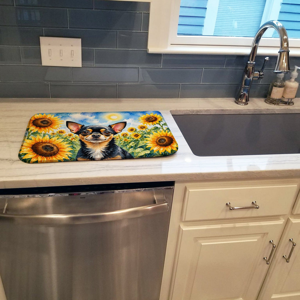 Chihuahua in Sunflowers Dish Drying Mat Absorbent Dish Drying Mat Pad for Kitchen Counter Dish Drainer Mat for Countertop, 14 x 21", Multicolor
