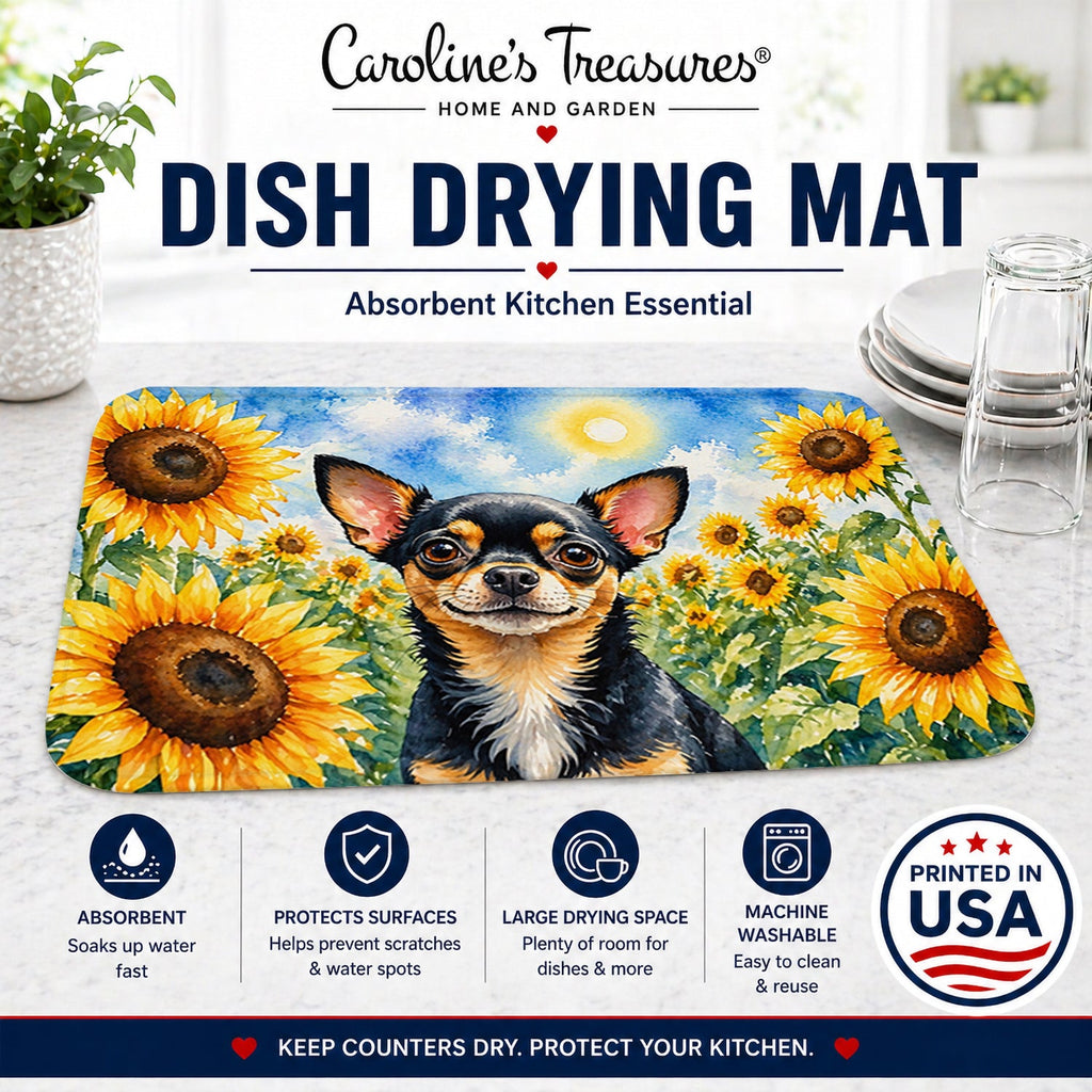 Chihuahua in Sunflowers Dish Drying Mat Absorbent Dish Drying Mat Pad for Kitchen Counter Dish Drainer Mat for Countertop, 14 x 21", Multicolor