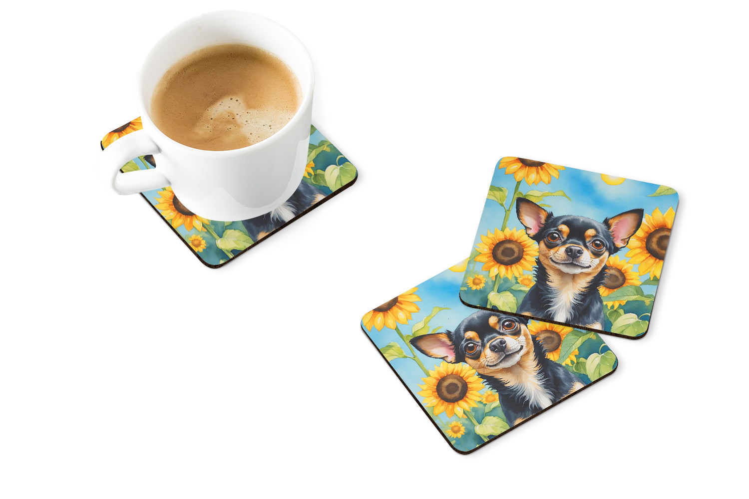 Chihuahua in Sunflowers Foam Coasters Set of 4 Cup Coasters for Indoor Outdoor, Tabletop Protection, Anti Slip, Mouse pad Material