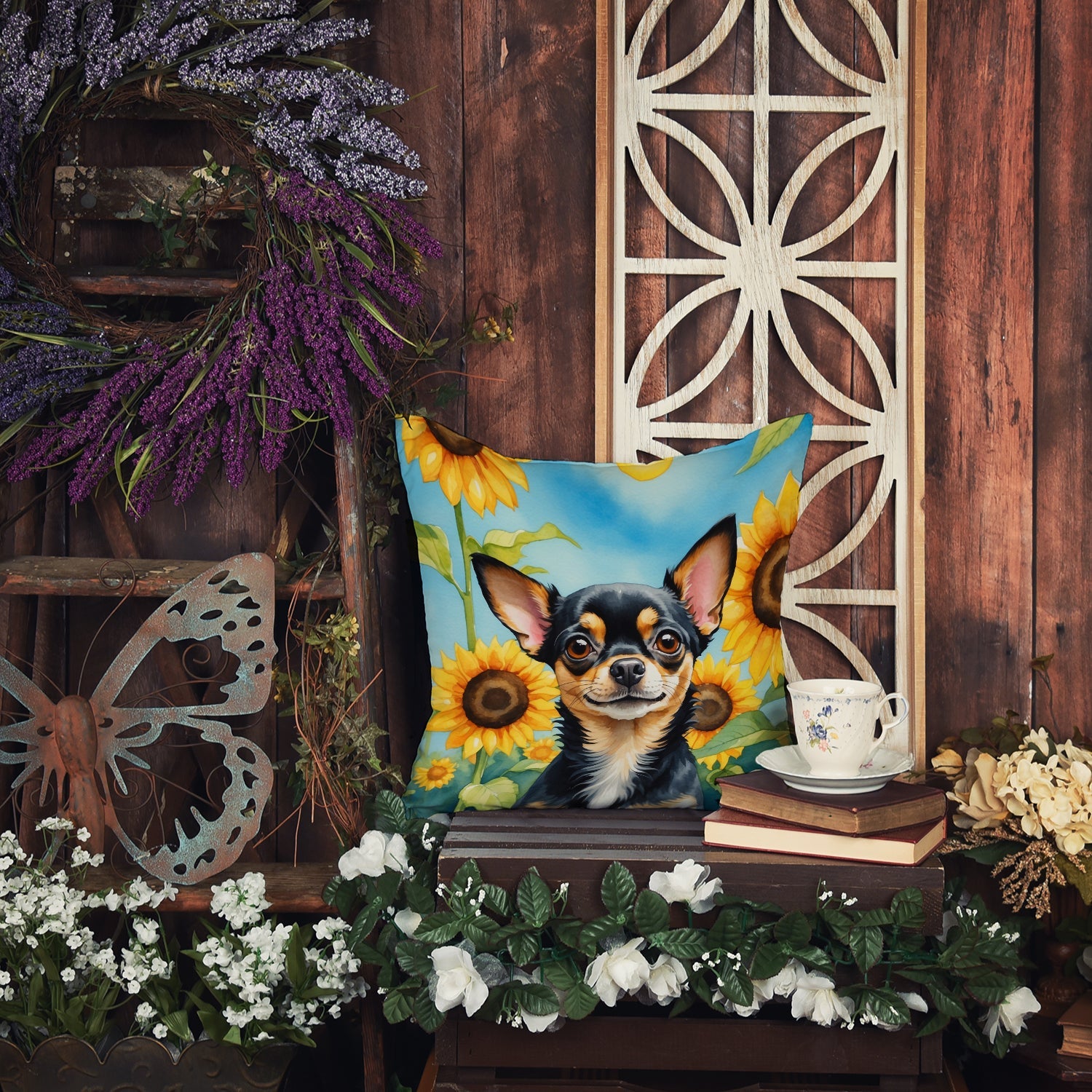Chihuahua in Sunflowers Decorative Throw Pillow 14x14 Indoor Outdoor Accent Cushion, Fabric Cover with Insert for Sofa, Bed, Porch & Living Room