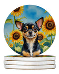 Chihuahua in Sunflowers Large Sandstone Coasters Pack of 4 Absorbent Round Coasters Decor Gifts for Men or Women, 4 in, Multicolor
