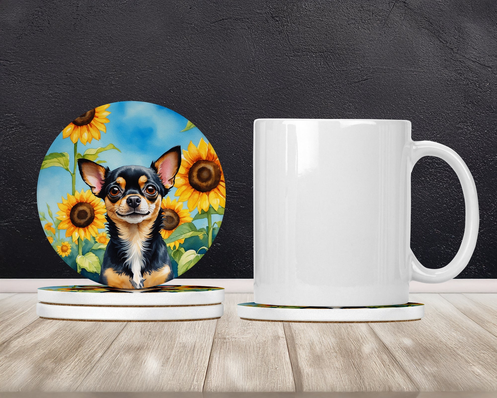 Chihuahua in Sunflowers Large Sandstone Coasters Pack of 4 Absorbent Round Coasters Decor Gifts for Men or Women, 4 in, Multicolor