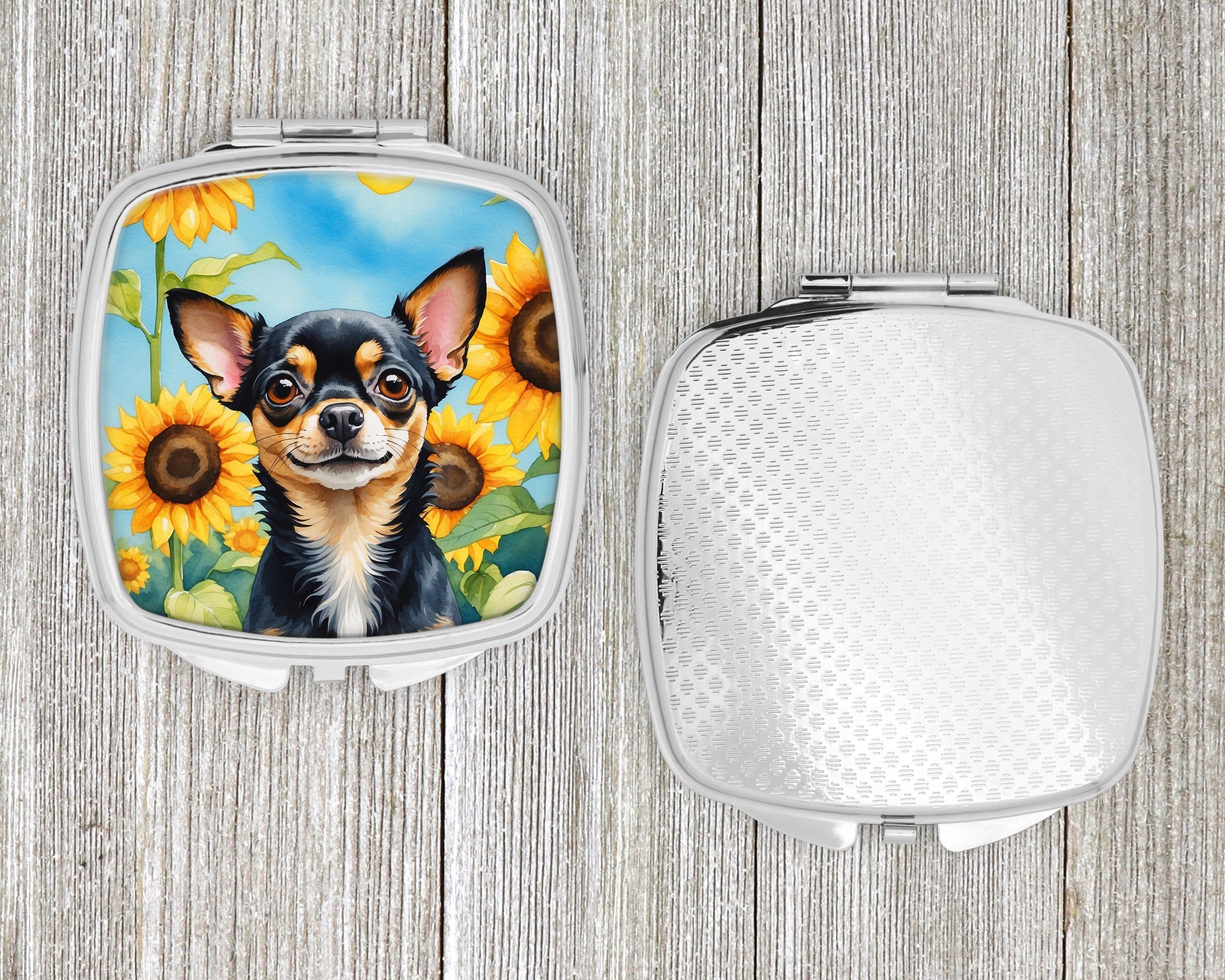 Chihuahua in Sunflowers Compact Mirror Decorative Travel Makeup Mirror for Women Girls Gifts Pocket Makeup Mirror Folding Handheld