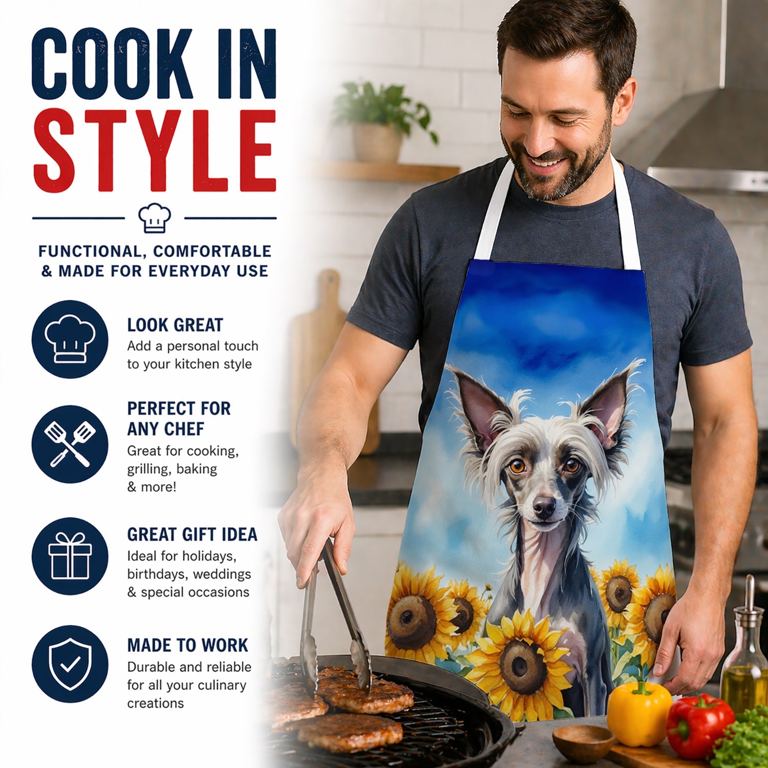 Chinese Crested in Sunflowers Apron Cooking Kitchen Server Baking Crafts Gardening for Adult Women Men, Unisex, Large, Multicolor