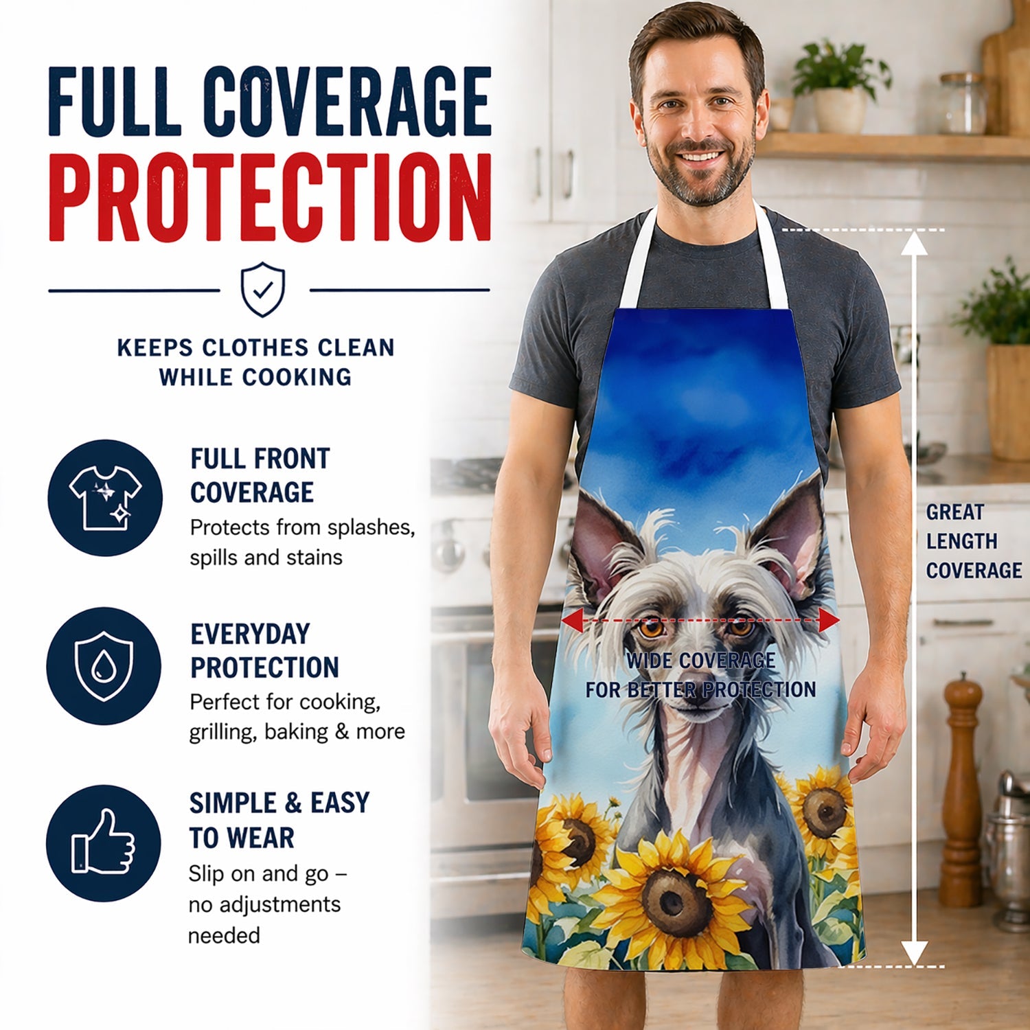 Chinese Crested in Sunflowers Apron Cooking Kitchen Server Baking Crafts Gardening for Adult Women Men, Unisex, Large, Multicolor