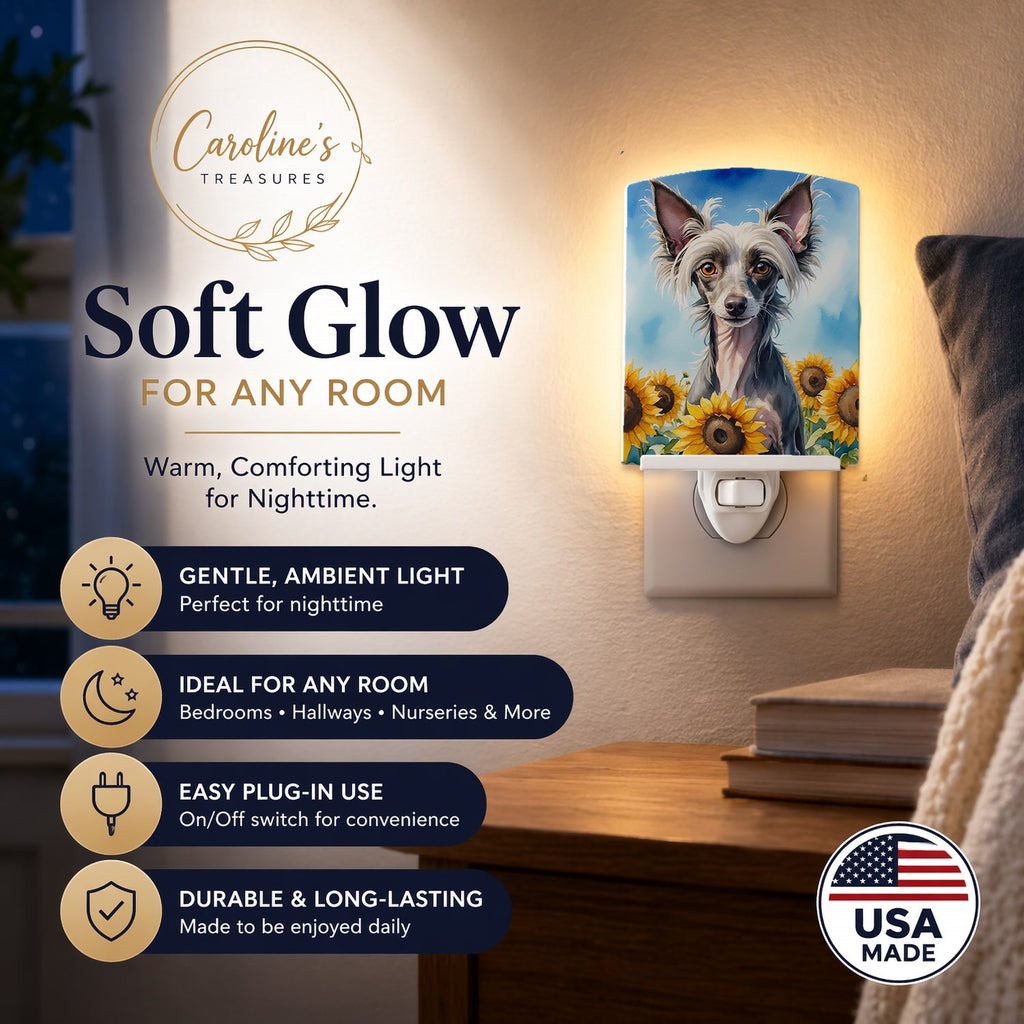 Chinese Crested in Sunflowers Ceramic Night Light Compact, UL-Certified, Ideal for Bedroom, Bathroom, Nursery, Hallway, Kitchen, 6x4x3, Multicolor