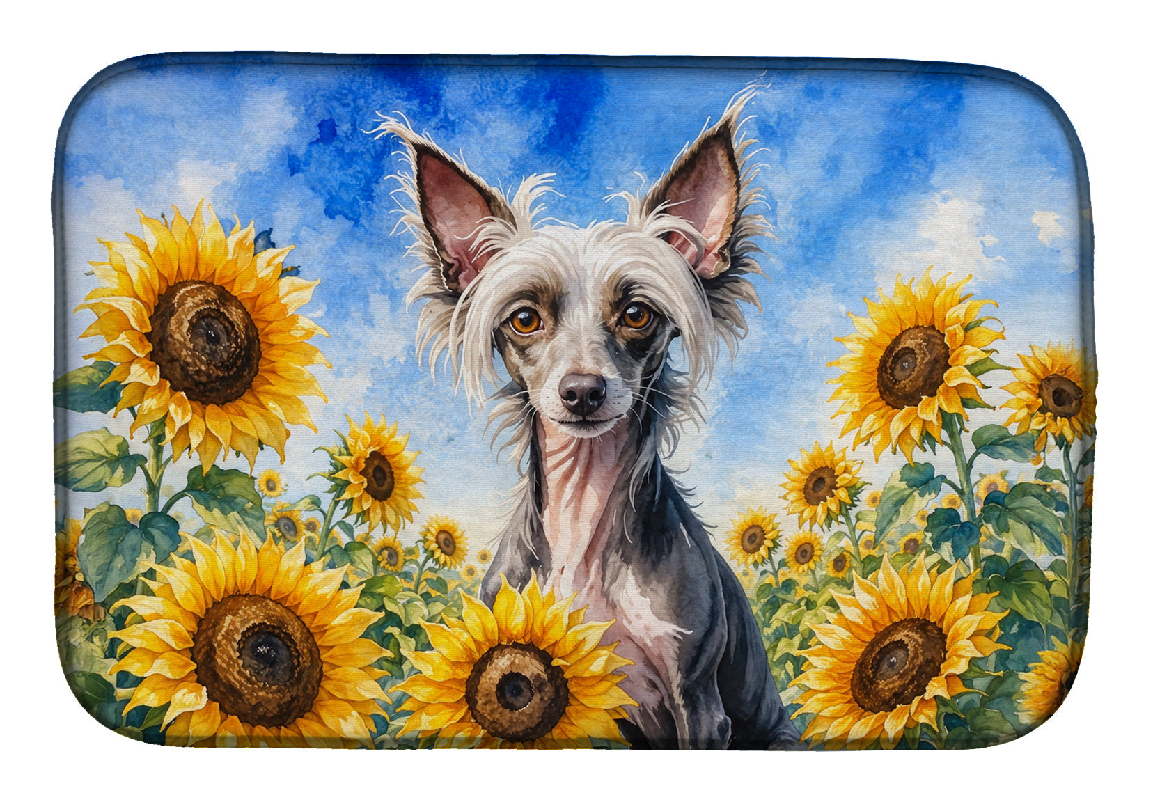 Chinese Crested in Sunflowers Dish Drying Mat Absorbent Dish Drying Mat Pad for Kitchen Counter Dish Drainer Mat for Countertop, 14 x 21", Multicolor