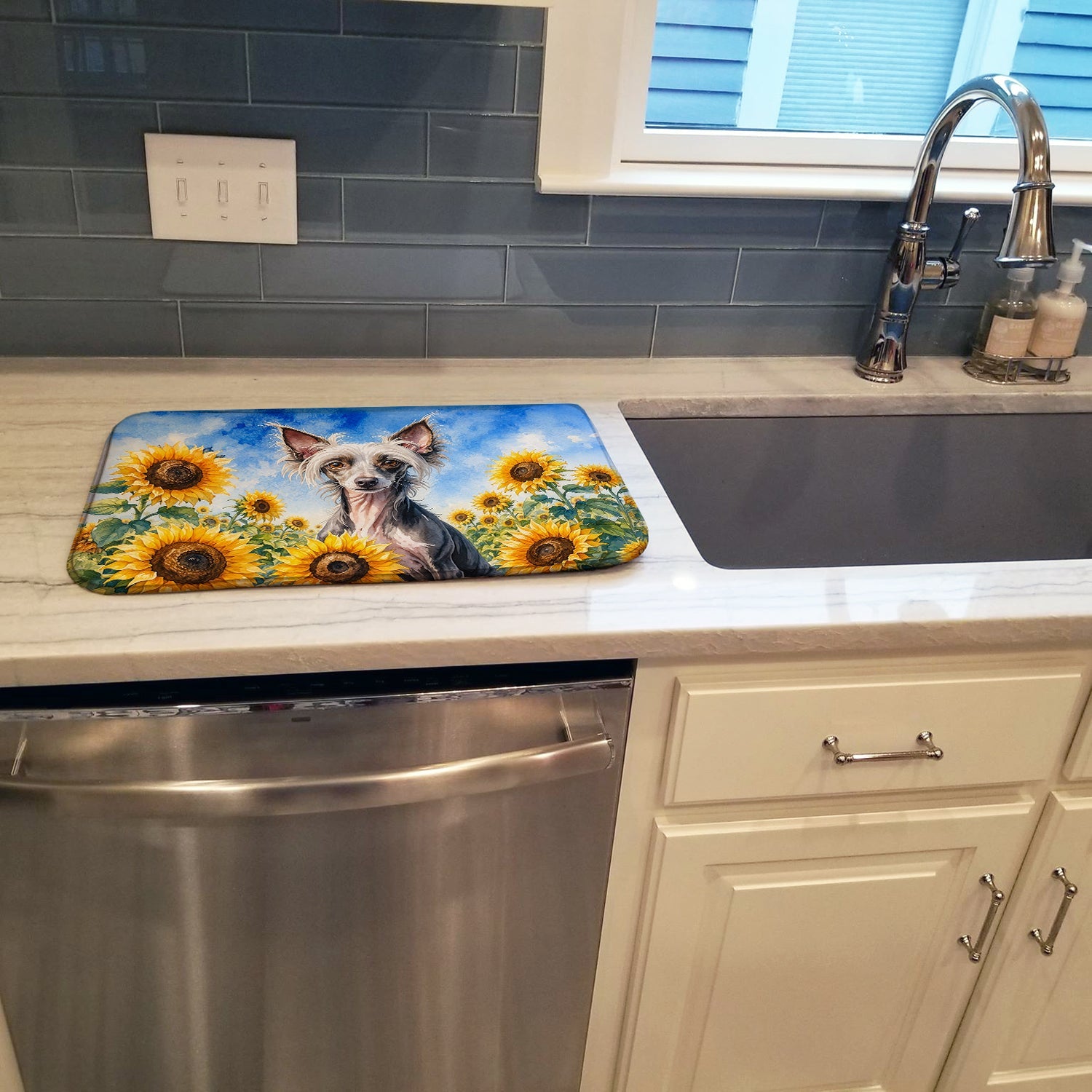 Chinese Crested in Sunflowers Dish Drying Mat Absorbent Dish Drying Mat Pad for Kitchen Counter Dish Drainer Mat for Countertop, 14 x 21", Multicolor