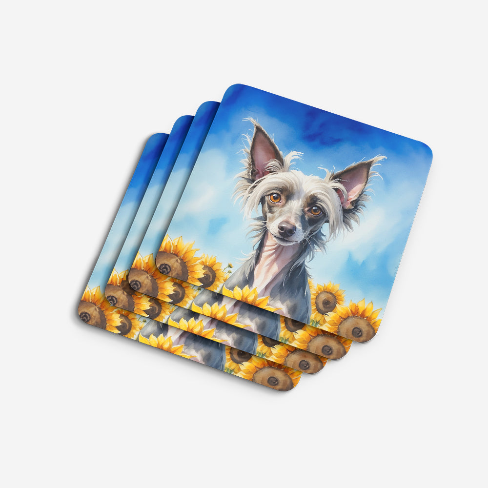 Chinese Crested in Sunflowers Foam Coasters Set of 4 Cup Coasters for Indoor Outdoor, Tabletop Protection, Anti Slip, Mouse pad Material