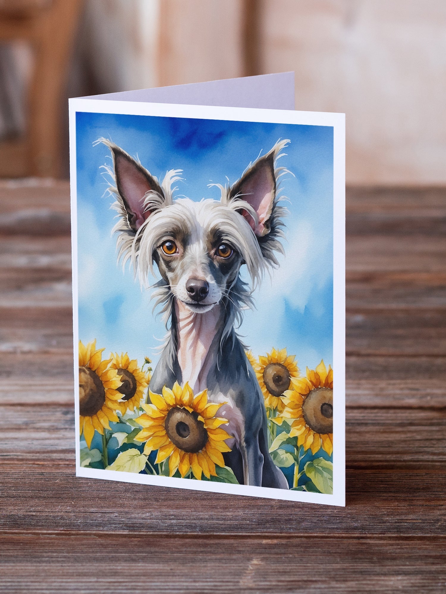 Chinese Crested in Sunflowers Greeting Cards Pack of 8 Blank Cards with Envelopes Whimsical A7 Size 5x7