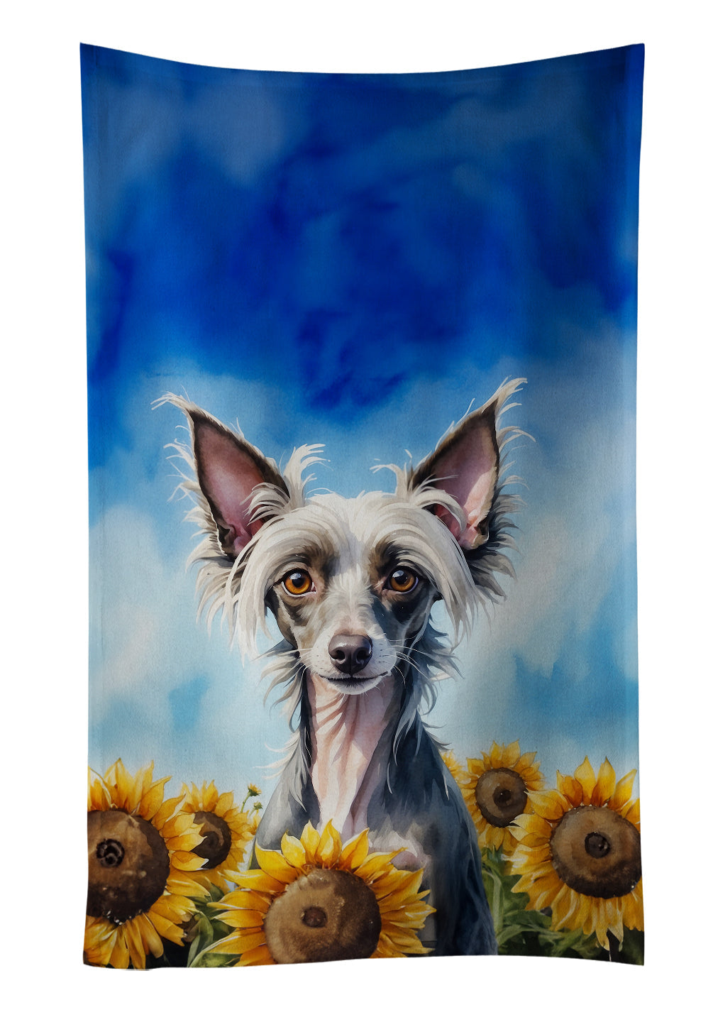 Chinese Crested in Sunflowers Kitchen Towel Velour Plush Front and Cotton Loop Back Machine Washable