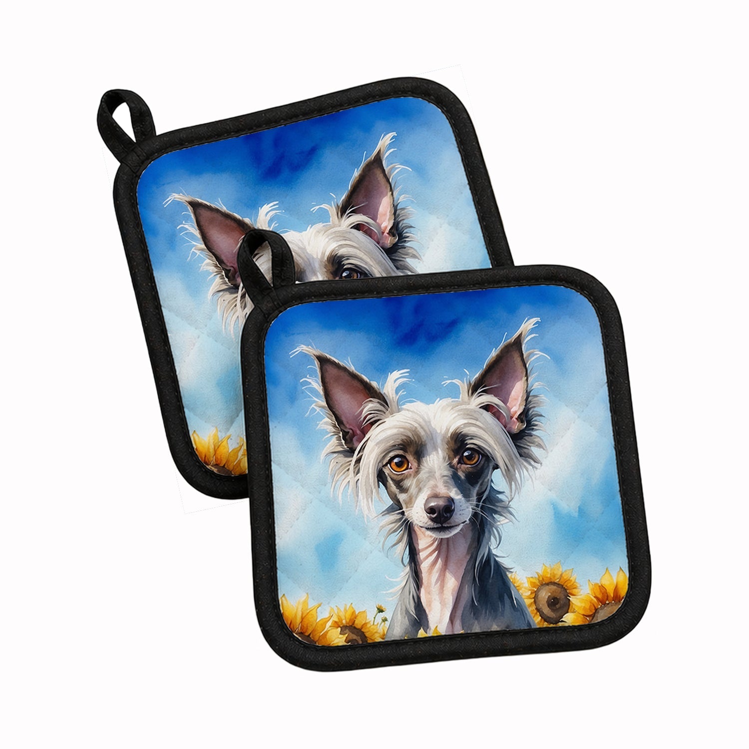 Chinese Crested in Sunflowers Pot Holder Set of 2 Heat Resistant Quilted Hot Pads 7.5 x 7.5 Inch, Insulated Kitchen Trivets for Cooking & Baking