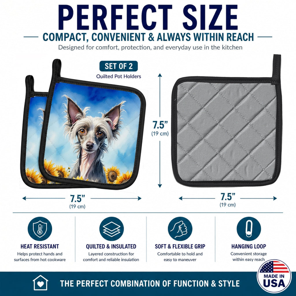 Chinese Crested in Sunflowers Pot Holder Set of 2 Heat Resistant Quilted Hot Pads 7.5 x 7.5 Inch, Insulated Kitchen Trivets for Cooking & Baking