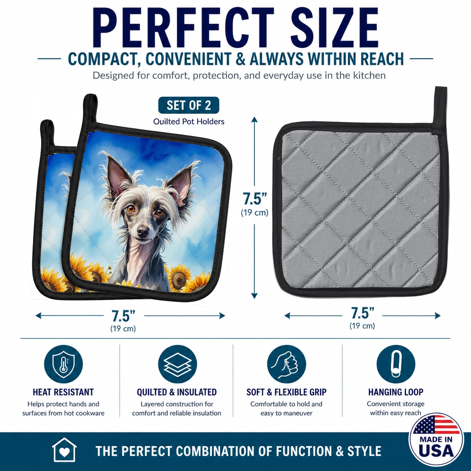 Chinese Crested in Sunflowers Pot Holder Set of 2 Heat Resistant Quilted Hot Pads 7.5 x 7.5 Inch, Insulated Kitchen Trivets for Cooking & Baking